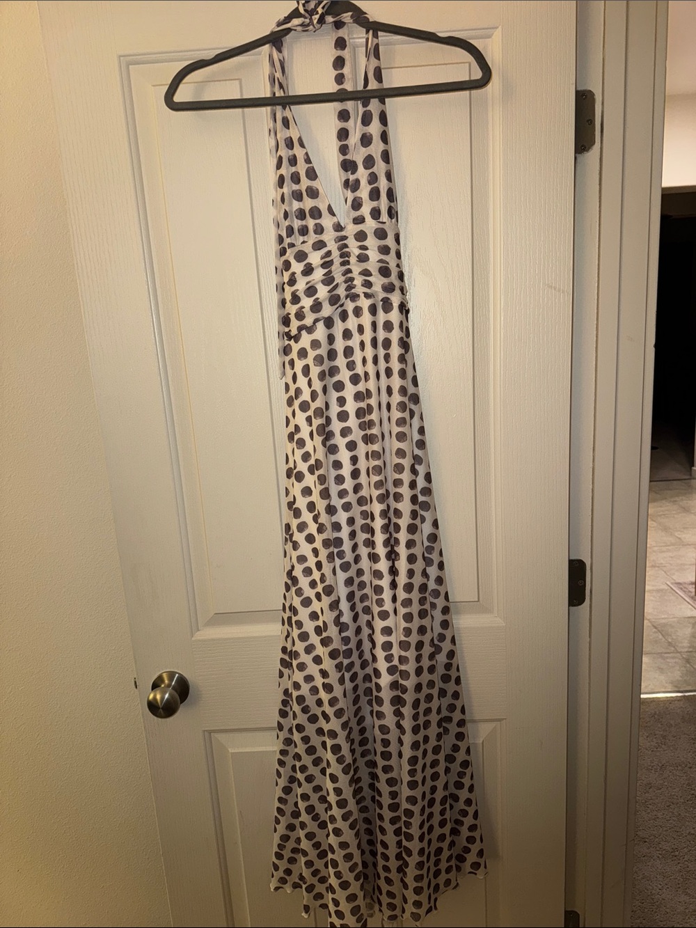 Polka Dot Halter Maxi Dress - White & Navy